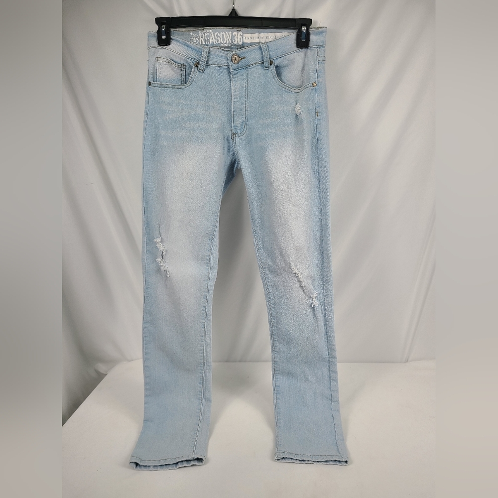 Reason Jeans Mens 36x32 Straight Blue Denim Acid Wash Paint Brushed Distressed